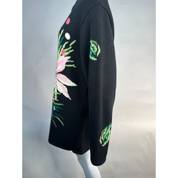 Belle Isle  Poinsettia Holiday Sweater  1X Black   Cotton Blend - Picture 2 of 16